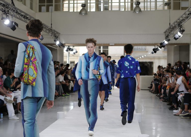 Models wear creations by Japanese fashion designer Yusuke Takahashi for Issey Miyake's men's spring-summer 2015 fashion collection presented in Paris, France, Thursday, June 26, 2014. (AP Photo/Jacques Brinon)