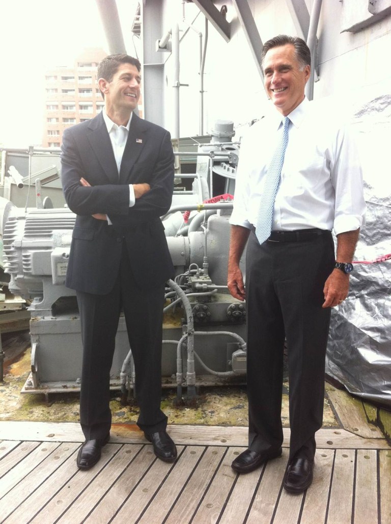Republican presidential candidate Mitt Romney and his choice as his vice-presidential  runningmate, Rep. Paul Ryan of Wisconsin, just before the announcement this morning in Norfolk, VA, beside the Battleship Wisconsin. (Romney-Ryan campaign photo)