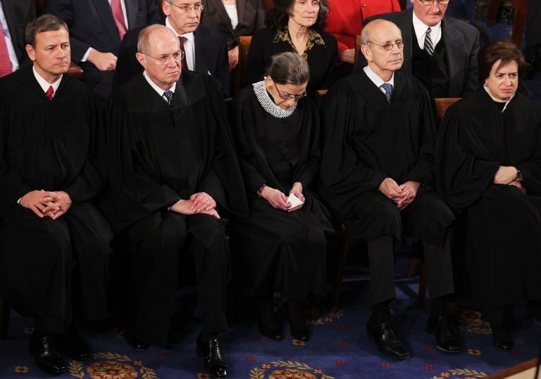WASHINGTON, DC - JANUARY 24:  (L-R) Chief Justice John G. Roberts Jr., Associate Justice Anthony M. Kennedy, Associate Justice Ruth Bader Ginsburg, Supreme Court Justice Stephen Breyer and Associate Justice Elena Kagan attend U.S. President Barack Obama's State of the Union speech on January 24, 2012 in Washington, DC. Obama said the focal point his speech is the central mission of our country, and his central focus as president, including 