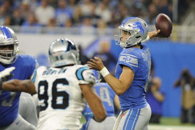 Detroit Lions quarterback Matthew Stafford passes during the first half of an NFL football game against the Carolina Panthers, Sunday, Oct. 8, 2017, in Detroit. (AP Photo/Jose Juarez)