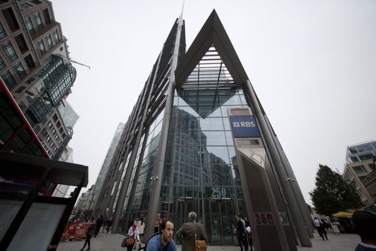 An exterior view shows offices of Royal Bank of Scotland (RBS) in the City of London, Thursday, Sept. 11, 2014. In a blow to the Scottish independence campaign, three top financial groups, including the Royal Bank of Scotland, say they will move headquarters to England should Scots vote to break away from the United Kingdom.  RBS, which has been based in Scotland since 1727, said Thursday it has drawn up contingency plans because being based in an independent Scotland would create uncertainties that could hurt its business and customers.  (AP Photo/Matt Dunham)