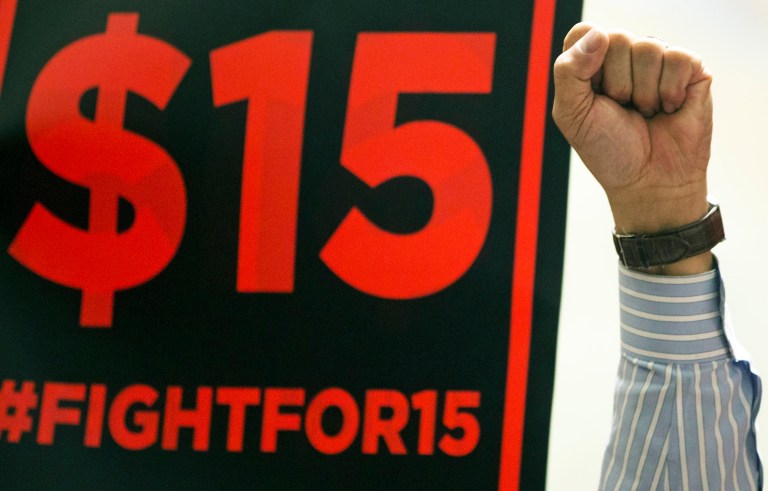 The protesters claimed they were being denied union rights by the Service Employees International Union, the primary funder and organizer of the Fight for $15, the leading activist group in the minimum wage hike movement. (AP Photo/Mike Groll)