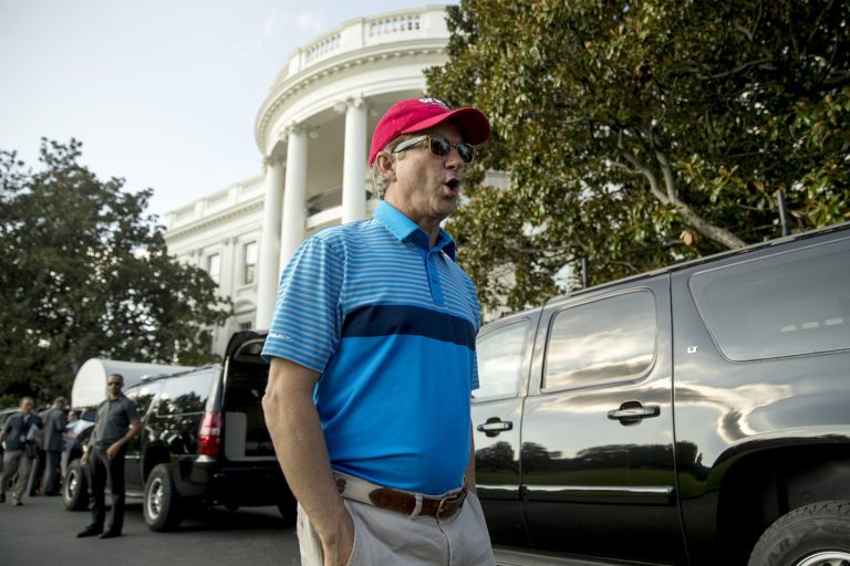 Sen. Rand Paul, R-Ky., speaks to reporters on the South Lawn of the White House in Washington, Sunday, Oct. 15, 2017, after playing golf with President Donald Trump at Trump National Golf Club in Sterling, Va. He returned to Washington Monday after being assaulted a week ago while doing yard work at his Kentucky home. (AP Photo/Andrew Harnik)