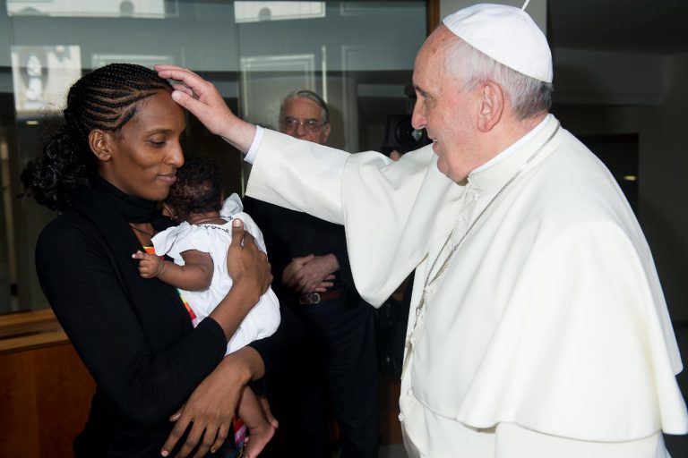 Pope Francis meets Meriam Ibrahim, from Sudan, with her daughter Maya in her arms, in his Santa Marta residence, at the Vatican, Thursday. (AP/L'Osservatore Romano)ÃÂ 