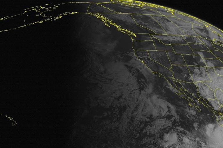 This NOAA satellite image taken Saturday, Sept. 13, 2014, at 11:00 a.m. EDT shows widespread cloud cover across Texas and eastern portions of New Mexico, with some rain showers. Scattered clouds are working across northern California into Nevada. Clouds are present over the Northern Rockies into the Northern Plains and Upper Mississippi Valley. Hurricane Odile is paralleling Pacific Coastal Mexico. (AP Photo/Weather Underground)