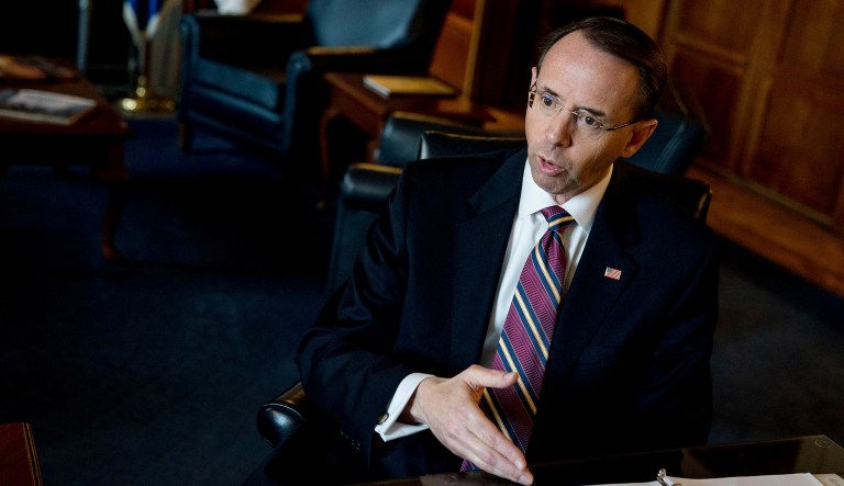 Deputy Attorney General Rod Rosenstein met with representatives from top news organizations on Monday at the Department of Justice to discuss the agency's review of its internal guidelines for issuing subpoenas and search warrants to journalists. (AP Photo/Andrew Harnik)