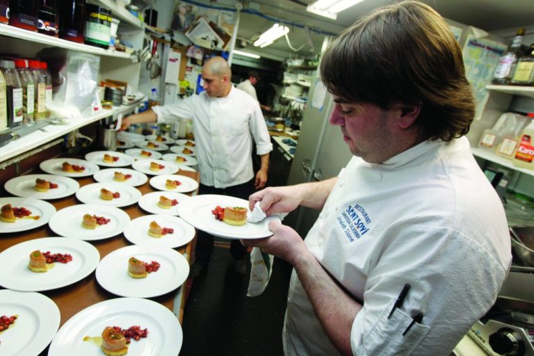 Chef Josiah Slone prepares foie gras in Saratoga, California.