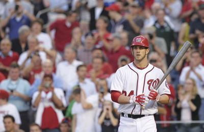 Susan Walsh/AP
Nationals outfielder Bryce Harper struck out and grounded out twice in his home debut Tuesday night against the Diamondbacks.