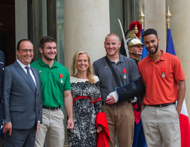 Airman First Class Spencer Stone and Spc. Alex Skarlatos, who serves in the Oregon Air National Guard, subdued an armed gunman on Friday onboard a passenger train bound for Paris. (AP Photo)Â 