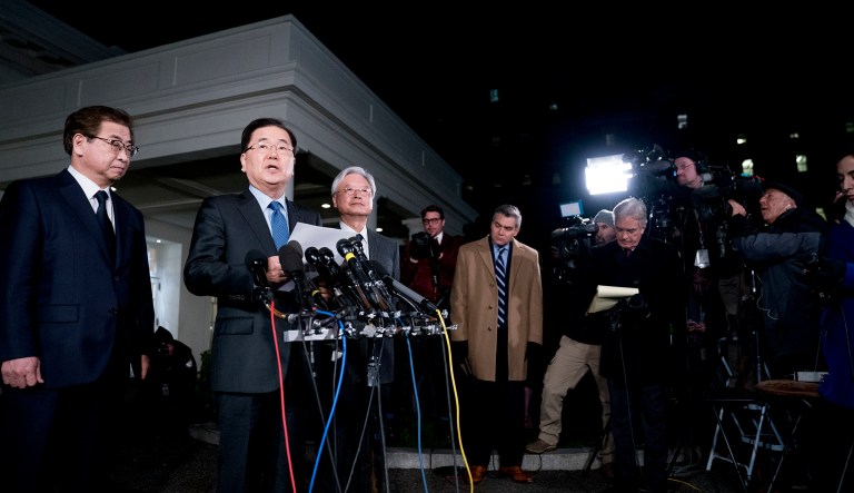 South Korean national security director Chung Eui-yong (center) speaks to reporters at the White House in Washington, D.C., on Thursday as intelligence chief Suh Hoon (left), and Cho Yoon-je, the South Korean ambassador to the U.S., listen. President Trump has accepted an offer of a summit from North Korean leader Kim Jong Un and will meet with him by May, a top South Korean official said in a remarkable turnaround in relations between two historic adversaries. (AP Photo/Andrew Harnik)