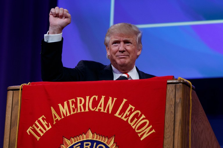 RRepublican presidential nominee Donald Trump touted his message of America in a speech before the American Legion. (AP Photo/Evan Vucci)