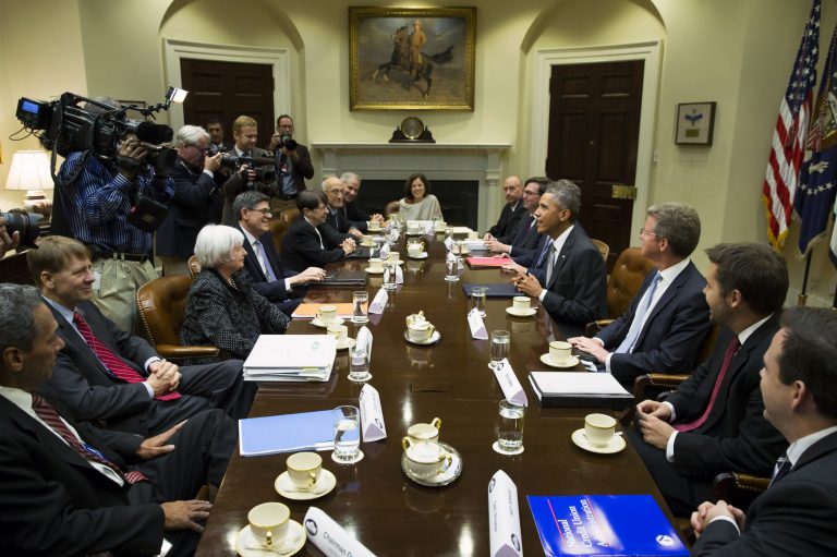 President Barack Obama meets with financial regulators in the Roosevelt Room of the White House in Washington, Monday. From left, Director of the Federal Housing Finance Agency Mel Watt, Director of the Consumer Financial Protection Bureau Richard Cordray, Federal Reserve Chair Janet Yellen, Treasury SecretaryJacob Lew, Securities and Exchange Commission (SEC) Chair Mary Jo White, Commodity Futures Trading Commission (CFTC) Chairman Tim Massad, Federal Deposit Insurance Corporation (FDIC) Chairman Martin Gruenberg, Deputy Treasury Secretary Sarah Bloom Raskin, White House Council Neil Eggleston, Council of Economic Advisers Chairman Jason Furman, Obama, Budget Director Shaun Donovan, Deputy Budget Director Brian Deese, and Special Assistant to the President for Economic Policy Seth Wheeler. (AP Photo/Evan Vucci)
