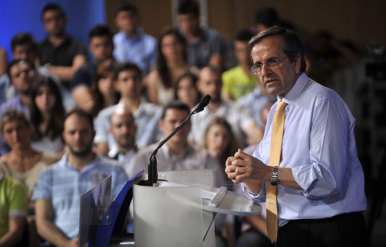   Antonis Samaras, leader of the conservative New Democracy party, speaks during an election rally in the northern Greek city of Thessaloniki, on Thursday, June 14, 2012. Greece holds crucial new national elections on Sunday June 17, that could ultimately determine whether the deeply-indebted, recession bound country remains within the eurozone. First elections on May 6 resulted in a hung parliament.(AP Photo/Nikolas Giakoumidis)  