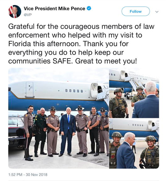 In the bottom-right photo of this screenshot from a deleted tweet, Vice President Mike Pence is seen with a person wearing a patch referencing "QAnon."