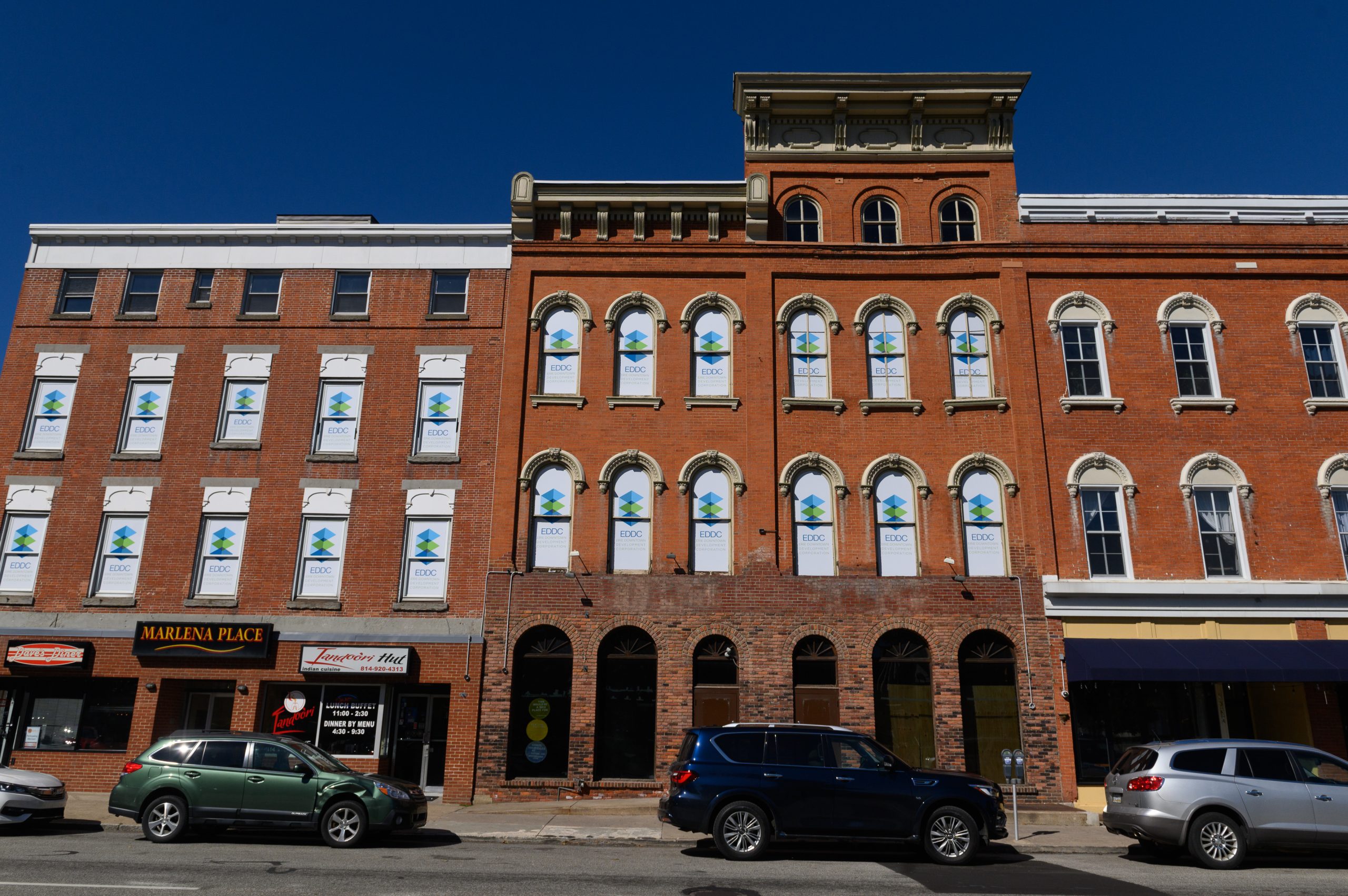 The facade of part of the buildings that the Erie Downtown Development Corporation purchased in Erie, Pennsylvania. Once completed, it will house a 10-vendor food hall, a bar with seating for 192, 14 residential units, a public market, ground-floor shops, and boutiques.