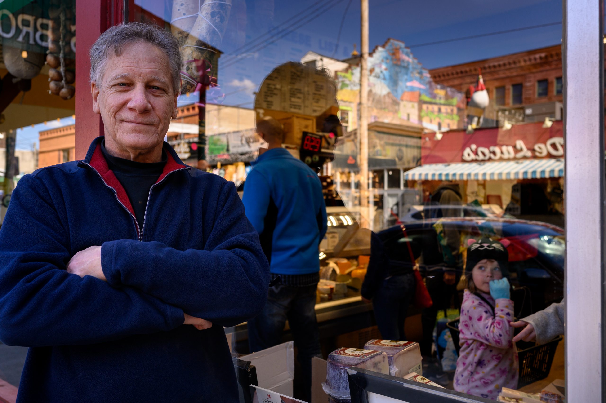 Rick Sunseri, 59, co-owner of Pennsylvania Macaroni Company, stands outside his popular business on Friday in Pittsburgh’s Strip District.