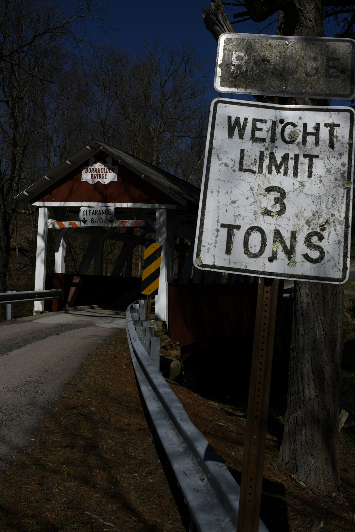 A weight limit sign is seen near the Burkholder Bridge in Brothersvalley Township, Pennsylvania.