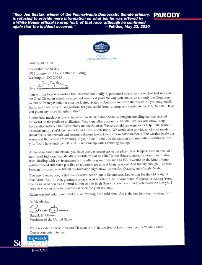 Obama Offers Jobs to Representative Sestak