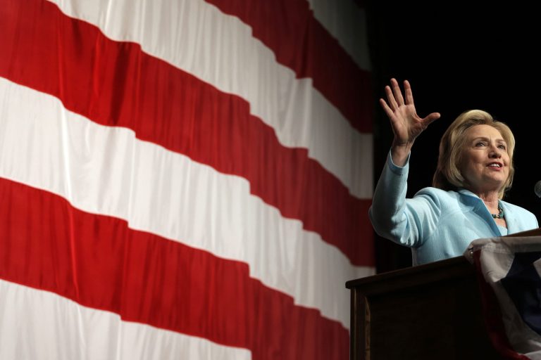 Democratic presidential candidate Hillary Rodham Clinton speaks at the at the Iowa Democratic Wing Ding at the Surf Ballroom Friday, Aug. 14, 2015, in Clear Lake, Iowa. (AP Photo/Charlie Riedel)