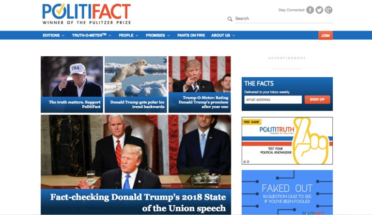 PolitiFact was posting live updates with fact-checks on statements made by President Trump in the State of the Union speech, including statements about the tax reform bill and regulations. (Screenshot)