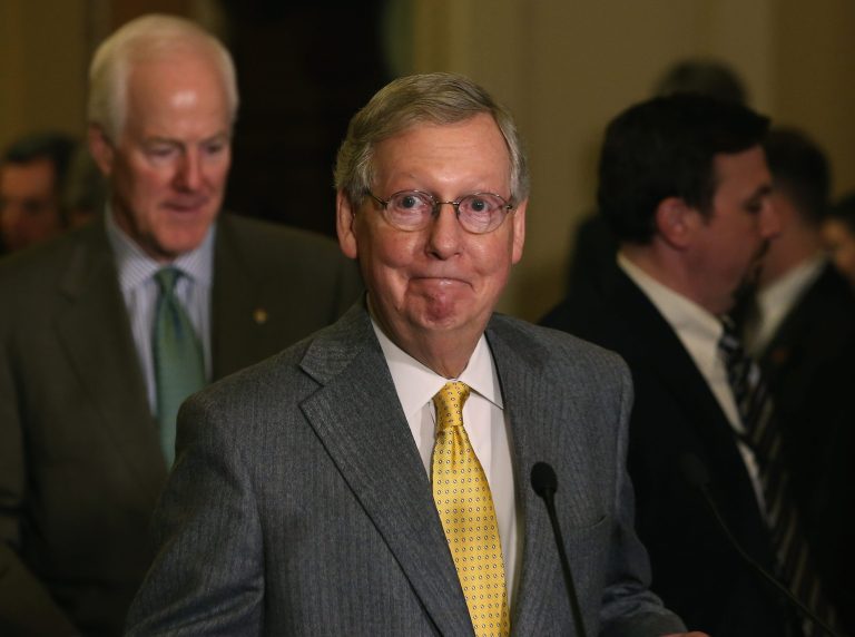 Senate Minority Leader Sen. Mitch McConnell speaks to the media during a news conference at the U.S. Capitol April 14, 2015 on Capitol Hill in Washington. (Photo by Mark Wilson/Getty Images)