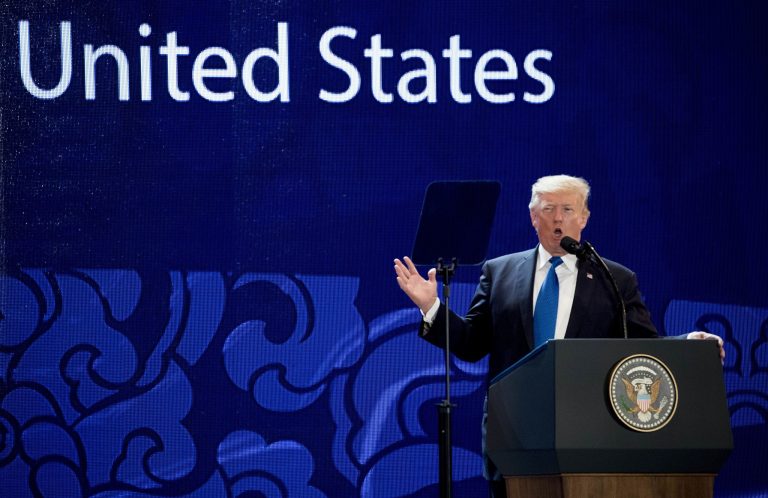 U.S. President Donald Trump speaks at the Asia-Pacific Economic Cooperation (APEC) CEO Summit at the Aryana Convention Center, Friday, Nov. 10, 2017, in Danang, Vietnam. (AP Photo/Andrew Harnik)