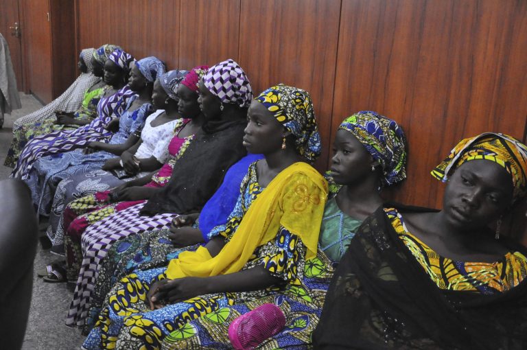 Some of the escaped Kidnapped girls of the government secondary school Chibok, attend a meeting with Borno state governor, Kashim Shettima, in Maiduguri, Nigeria, Monday, June 2, 2014. (AP Photo/Jossy Ola)