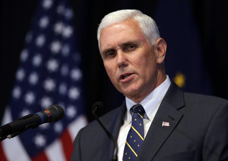 Indiana Gov, Mike Pence formally announces his re-election campaign in Indianapolis, Thursday, June 18, 2015. (AP Photo/Michael Conroy)