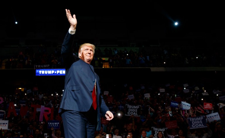 For the vast majority of the nearly hour-long rally, Donald Trump pointedly didn't bother using the teleprompters that have been staple of his events since August. (AP Photo/ Evan Vucci)