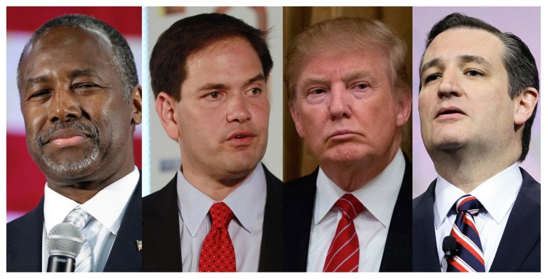 A new poll of U.S. adults found that Donald Trump, Ben Carson, Marco Rubio and Ted Cruz are rising above their competitors in the Republican presidential contest.Â (AP Photos)