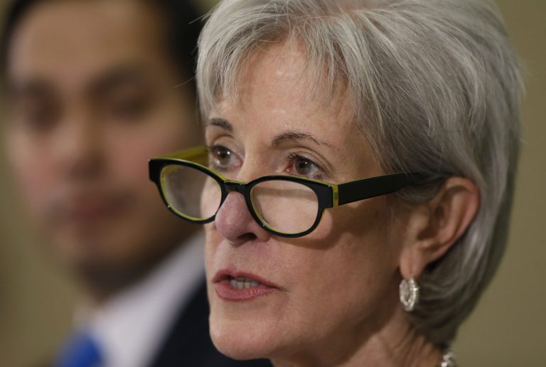 Health and Human Services Secretary Kathleen Sebelius, right, with San Antonio Mayor Julion Castro, left, takes part in a panel to answer questions about the Affordable Care Act enrollment, Friday, Oct. 25, 2013, in San Antonio. (AP Photo/Eric Gay)