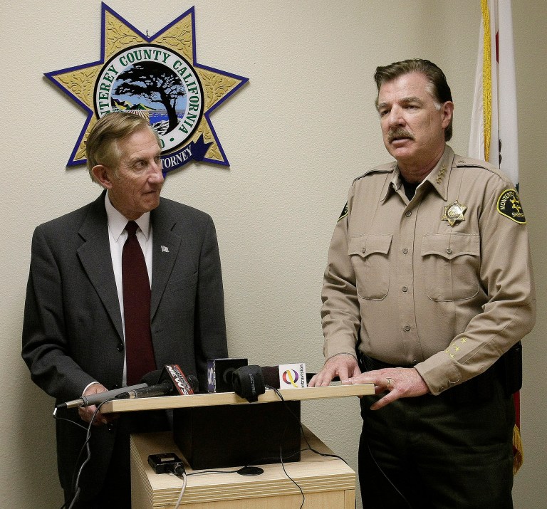 Monterey County District attorney Dean Flippo, left, and Monterey County Sheriff Scott Miller answer questions during a news conference, Tuesday in Salinas, Calif. (AP Photo/The Monterey County Herald, Vern Fisher)