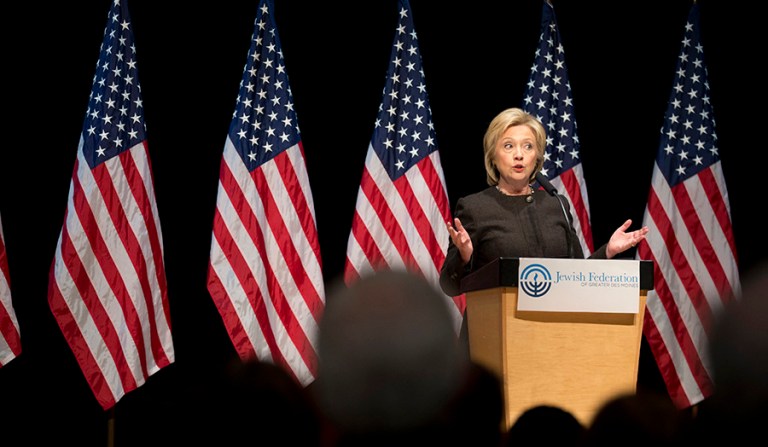 Clinton also emphasized the importance of the American-Israeli partnership during a campaign event at the Jewish Federation of Greater Des Moines. (AP photo/Mary Altaffer)