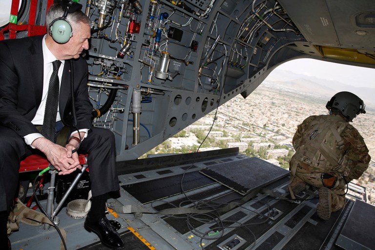 Defense Secretary Jim Mattis looks out over Kabul as he arrives in Kabul, Afghanistan. Mattis made an unannounced visit to Afghanistan and plans to meet with President Ashraf Ghani and others. (Jonathan Ernst/Pool Photo via AP)