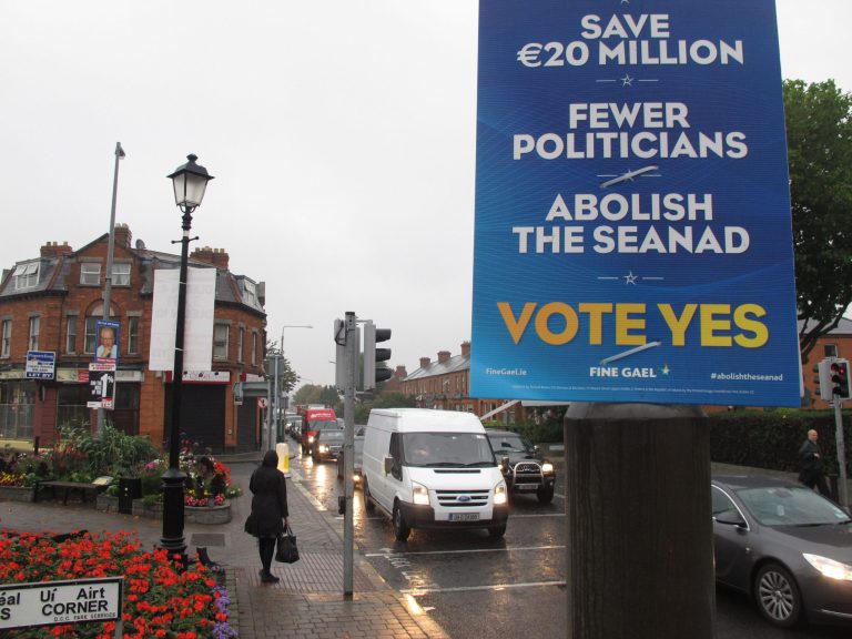 An Irish government campaign poster urges passing motorists and pedestrians to support the abolition of the country's Senate in Dublin, Ireland, on Thursday.ÃÂ The measure to abolish the Seanad lost by just 42,500 votes out of more than 1.2 million cast (51.8 percent to 48.2 percent).ÃÂ While many Americans might wish they could abolish Congress, it is unlikely, unless voters take a page from the Declaration of Independence and 