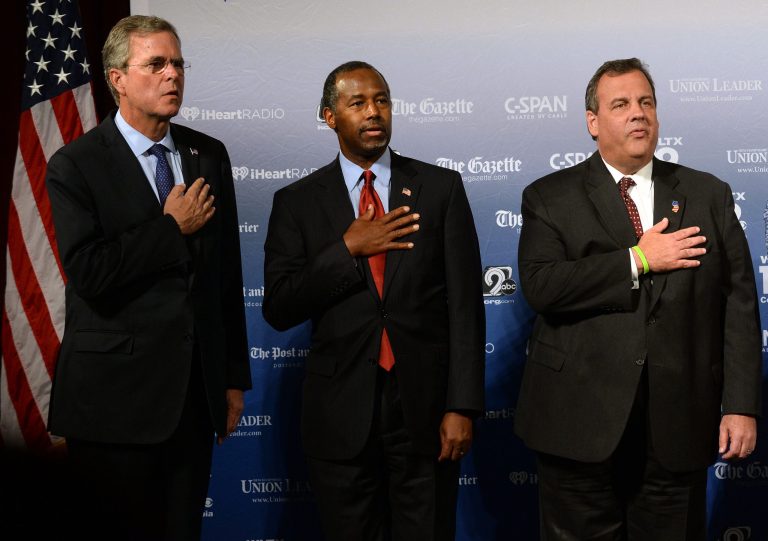 Former Florida Gov. Jeb Bush (left), Dr. Ben Carson (center), and New Jersey Gov. Chris Christie (right) (Photo by Darren McCollester/Getty Images)