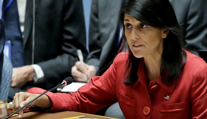 "It doesn't mean we ever take our eyes off the ball. It doesn't mean we ever trust Russia. We can't trust Russia and we won't ever trust Russia," Haley said. (AP Photo/Bebeto Matthews)