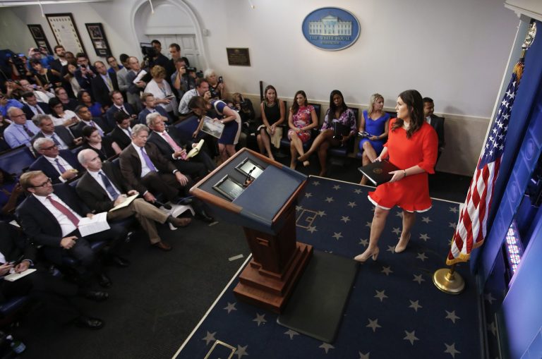 Sarah Huckabee Sanders who has been named White House press secretary walks to the podium during the press briefing in the Brady Press Briefing room of the White House in Washington, Friday, July 21, 2017. (AP Photo/Pablo Martinez Monsivais)