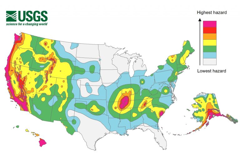 This undated handout image provided by the US Geological Survey (USGS) shows an updated federal earthquake risk map. A new map dials up the shaking hazard just a bit for about half of the US and lowers it for nearly a quarter of the nation. The U.S. Geologic Survey updated Thursday its national seismic hazard maps for the first time since 2008, taking into account research from the devastating 2011 earthquake and tsunami off the Japanese coast and the surprise 2011 Virginia temblor. (AP Photo/USGS)