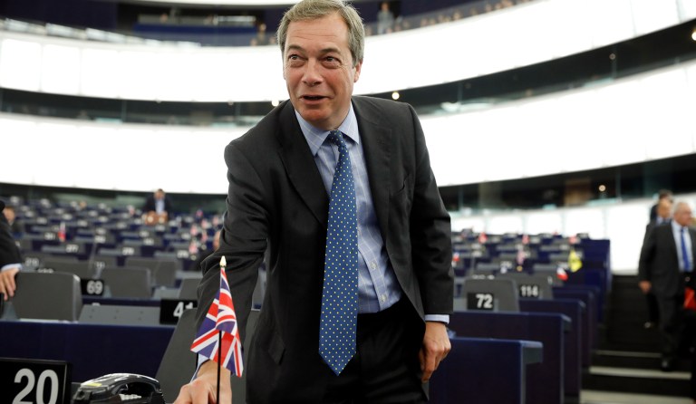 Former U.K. Independence Party leader and member of the European Parliament, Nigel Farage is offering his endorsement in the Alabama Senate race to Roy Moore. (AP Photo/Jean-Francois Badias)