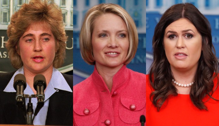 Three women have served as White House press secretary: Dee Dee Myers, Dana Perino and Sarah Sanders. Perino and Sanders both worked in Republican administrations. (AP Photos)