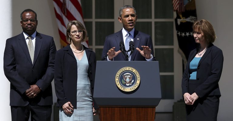 President Obama speaks while nominating Cornelia T. L. Pillard (2nd-L), a law professor, Patricia Ann Millett (R), an appellate lawyer, and Robert L. Wilkins (L), to become federal judges during an event in the Rose Garden of the White House on June 4. Sen. Ted Cruz believes that Obama and Senate Majority Leader Harry Reid are deliberately trying to pack the U.S. Court of Appeals for the District of Columbia Circuit in order to escape the scrutiny of their 