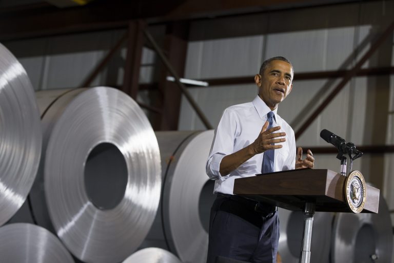 President Barack Obama speaks at Millennium Steel Service in Princeton, Ind., Friday, Oct. 3, 2014, to discuss the economy as part of Manufacturing Day. Boosted by the lowest jobless rate in six years, the president on Friday heralded September's hiring rate as the longest uninterrupted stretch of private sector job growth in U.S. history and boasted that the country is surpassing combined job creation in other advanced economies. (AP Photo/Evan Vucci)