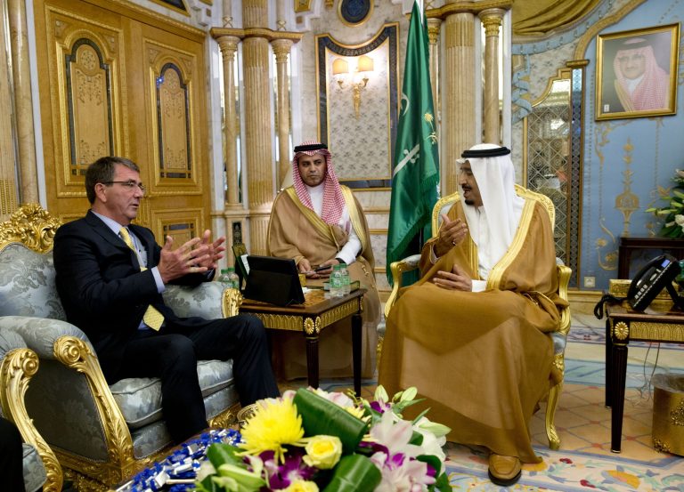 Defense Secretary Ash Carter, left, meets with Saudi Arabian King Salman bin Abdul Aziz, right, at Al-Salam Palace in Jiddah, Saudi Arabia. 