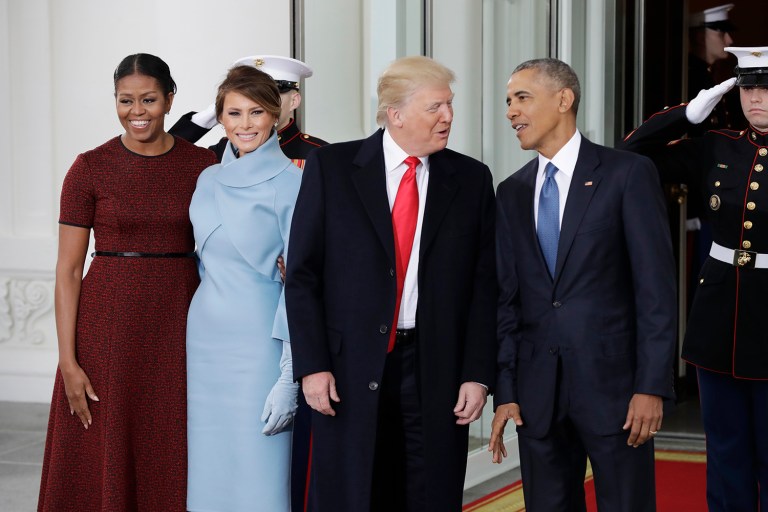 President Obama and first lady Michelle Obama pose with President-elect Trump and his wife Melania at the White House. (AP Photo/Evan Vucci)