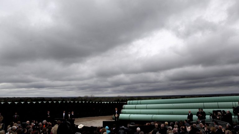   FILE - In this Thursday, March 22, 2012, file photo, President Barack Obama speaks at the TransCanada Pipe Yard in Cushing, Okla. Oil Prices fell on Wednesday, Dec. 5, 2012, after the government reported that stocks of crude are still running much higher than usual for this time of year. A weekly report from the Energy Information Administration showed that inventory has barely moved at the key oil hub in Cushing, Okla. (AP Photo/LM Otero)  