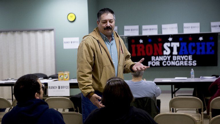 Randy Bryce speaks to volunteers during a petition-gathering launch event in Kenosha, Wisc.