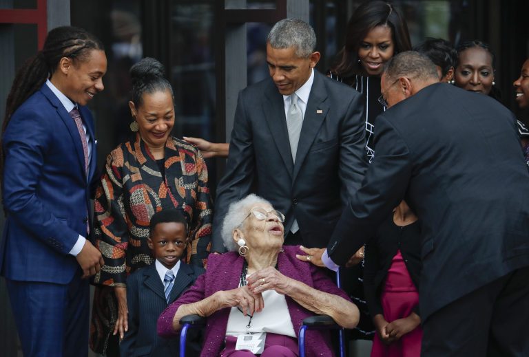 President Barack Obama and first lady Michelle Obama, with members of the Bonner family, including 99-year-old Ruth Odom Bonner, center, at the dedication ceremony for the Smithsonian Museum of African American History and Culture on the National Mall in Washington, Saturday, Sept. 24, 2016. (AP Photo/Pablo Martinez Monsivais)