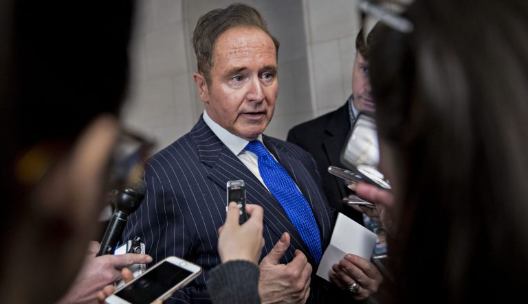 Representative Brian Higgins, a Democrat from New York, speaks to members of the media outside a Democratic caucus meeting in Washington, D.C., U.S., on Wednesday, Nov. 28, 2018.