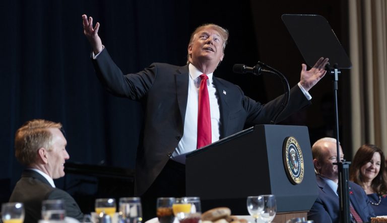U.S. President Donald Trump gestures during an annual National Prayer Breakfast in Washington, D.C., U.S., on Thursday, Feb. 7, 2019.